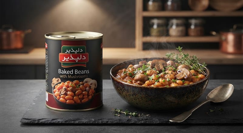 کنسرو لوبیا چیتی با قارچ دلپذیر تهیه شده از مواد اولیه تازه و مرغوب